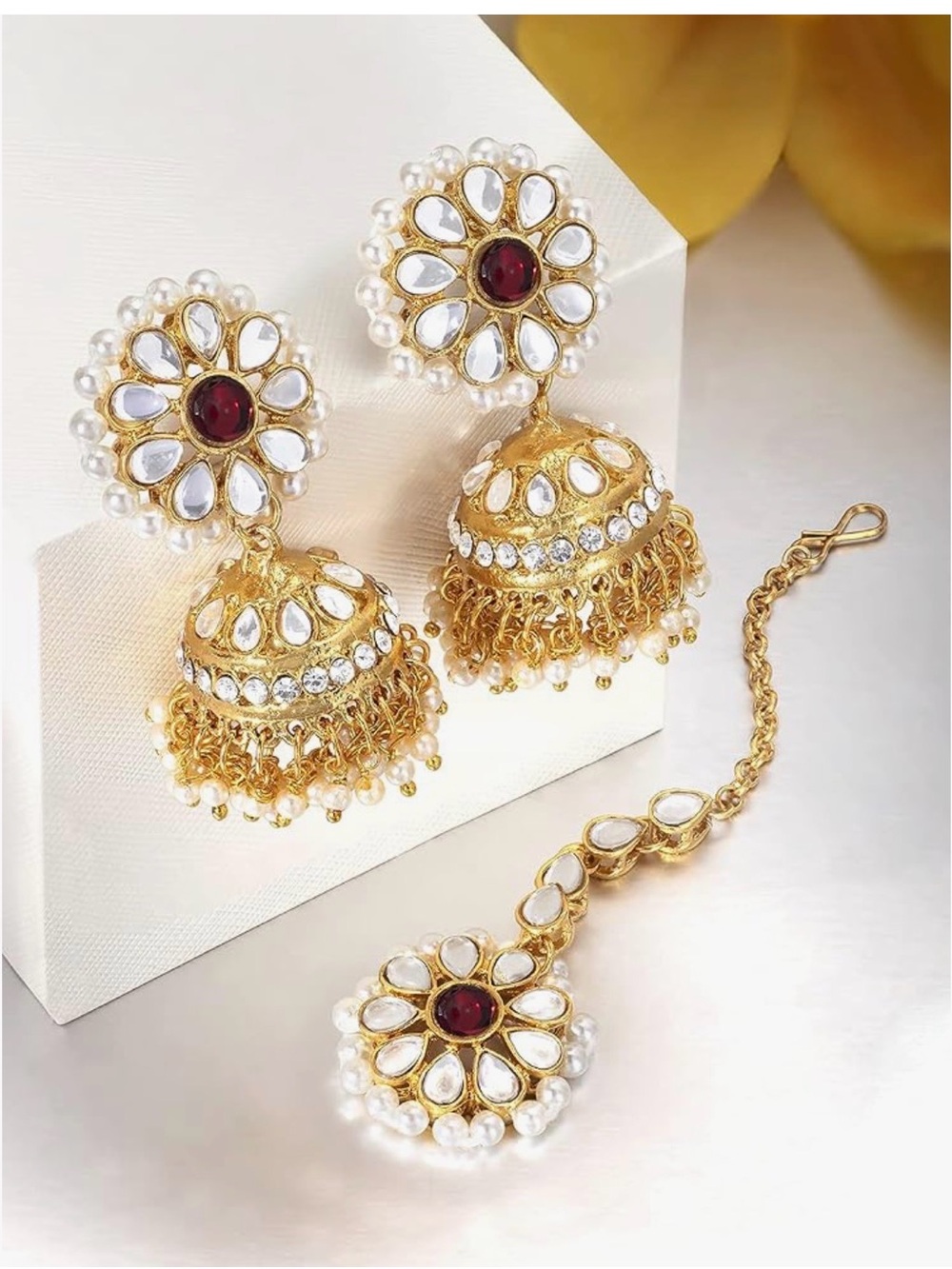 Aheli Kundan Pearl Jhumki Earrings with Maang Tikka Indian Traditional Bollywood